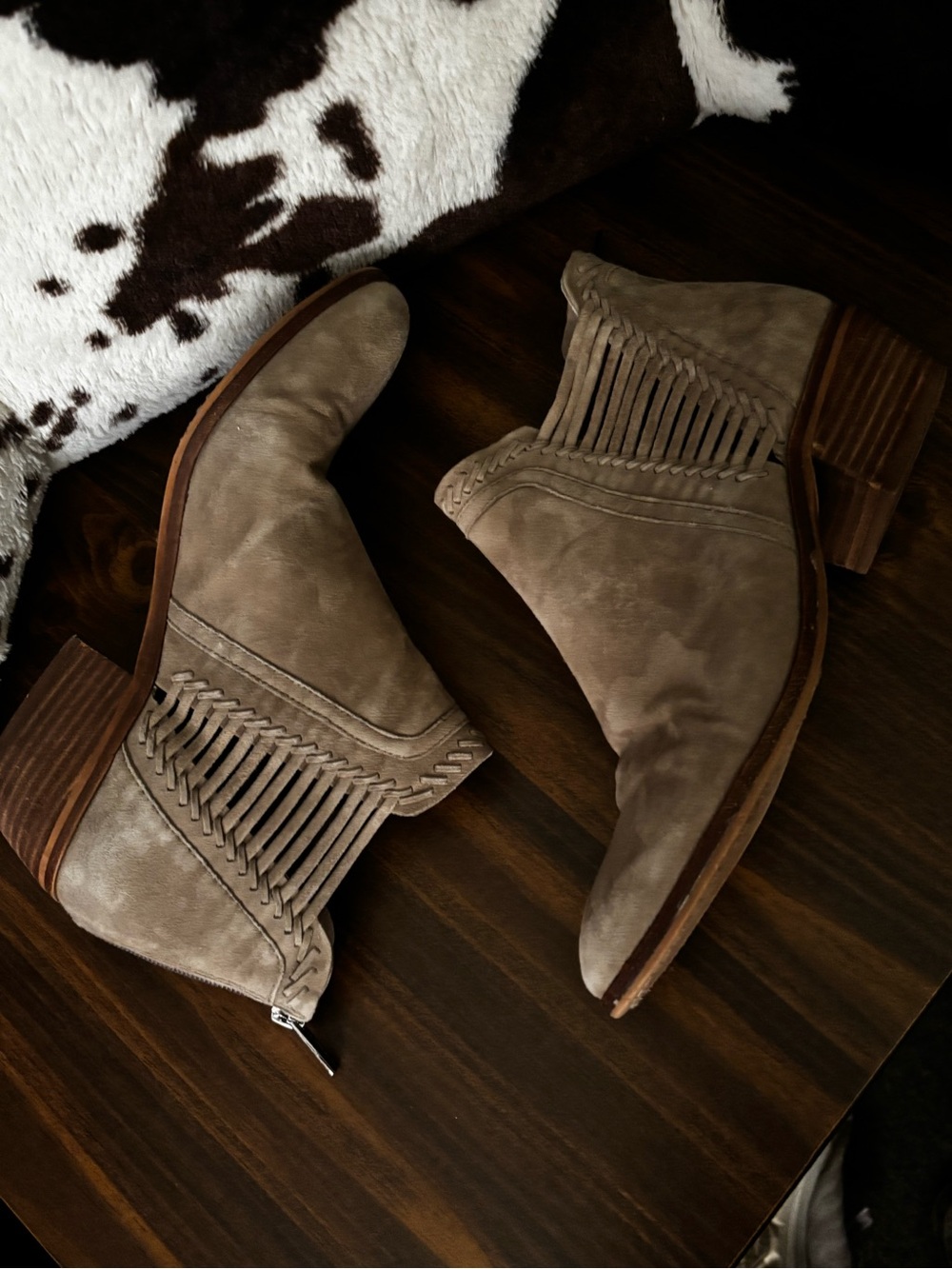 Vince Camuto Taupe Suede Woven Cutout Ankle Booties